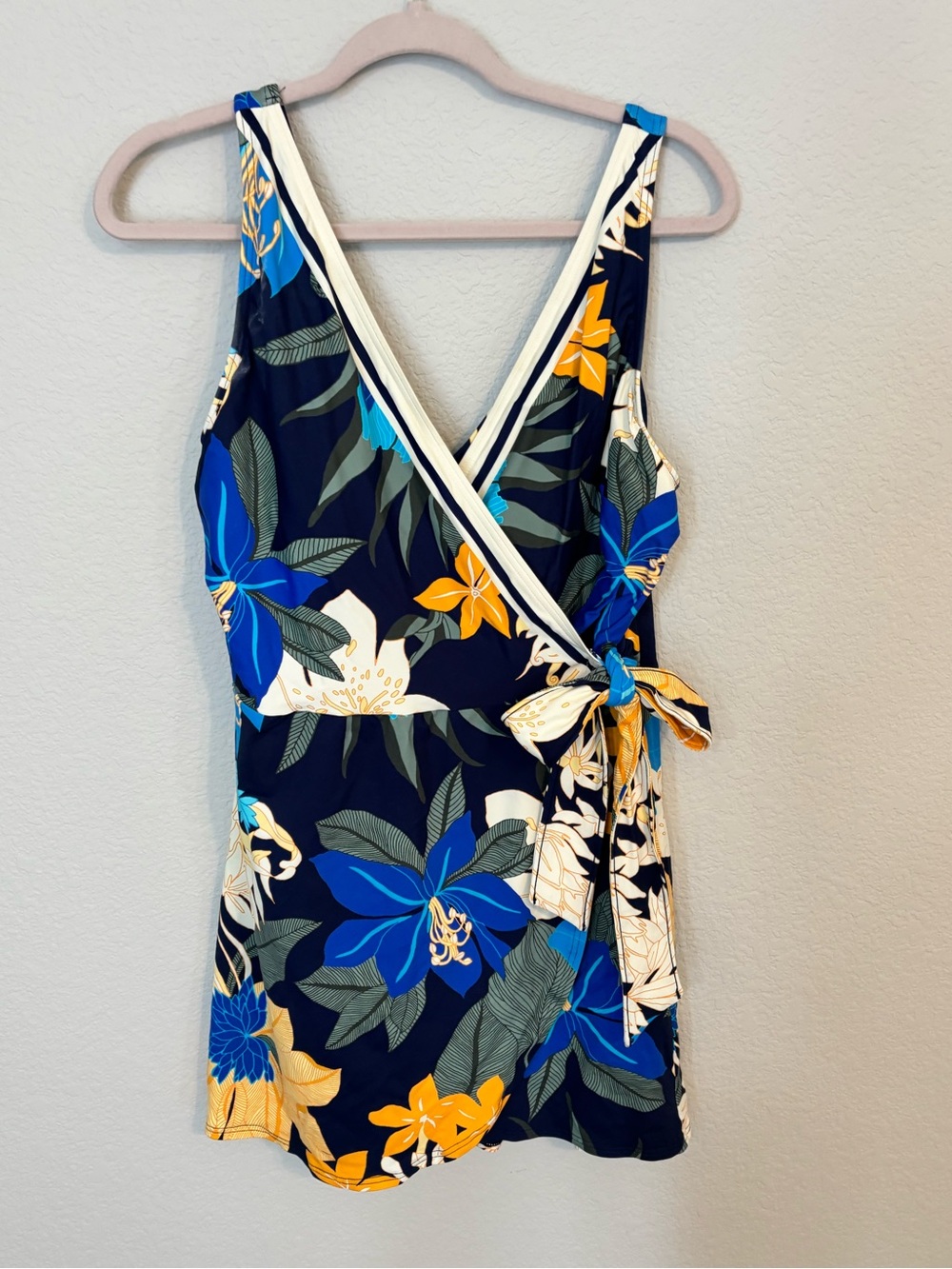 Lands' End Navy Floral Wrap One-Piece Swimdress - 16 Long Torso - Picture 3 of 5